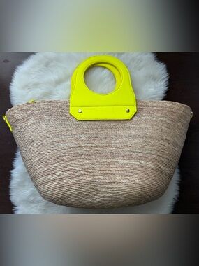New! Del Rio Woven Straw Large Tote with Neon Yellow Trim